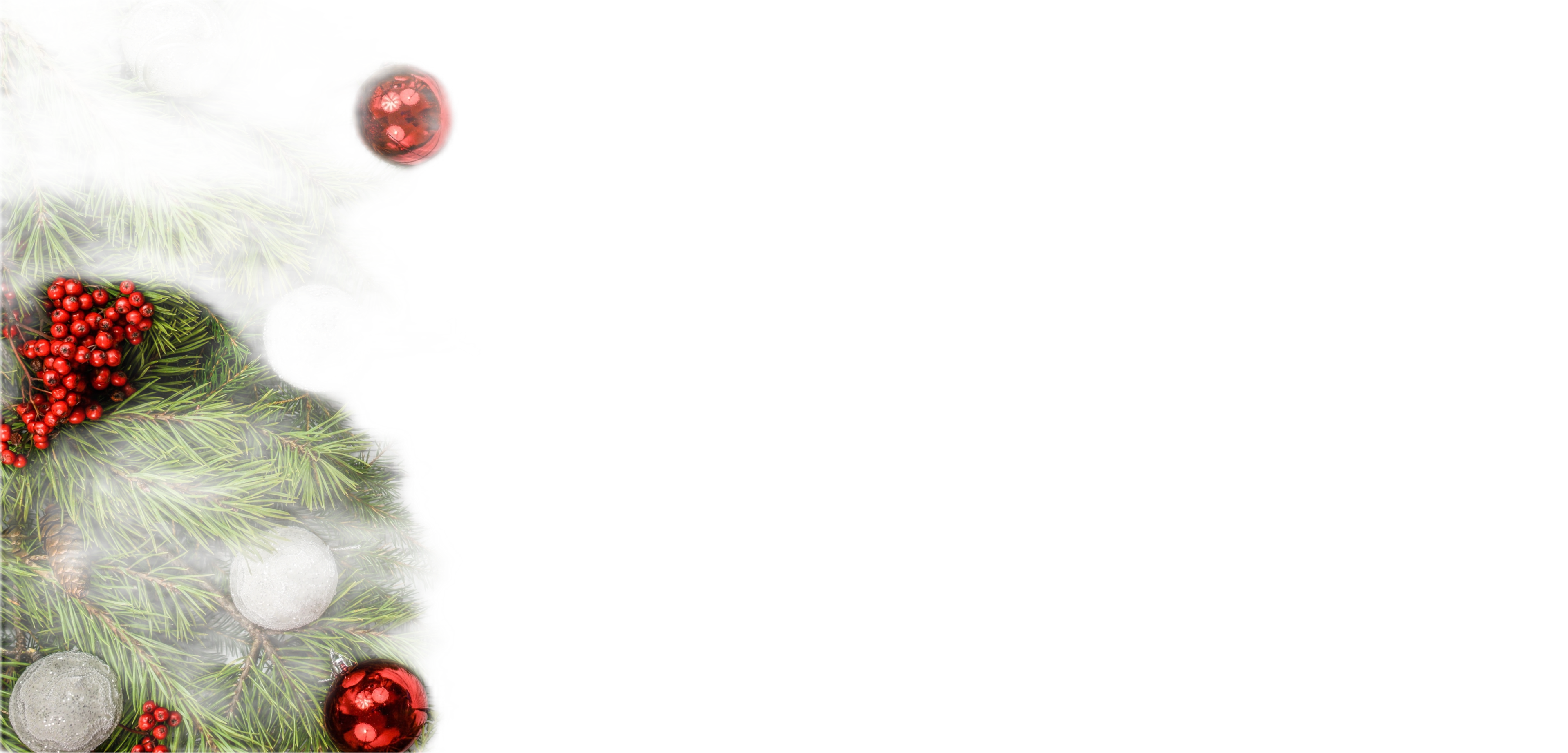 Home Hufnagel Tannenzweige mit roten Kugeln und Beeren auf wei&szlig;em Hintergrund.