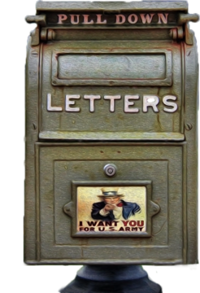 Ein alter Briefkasten mit der Aufschrift "LETTERS" und einem kleinen Plakat mit einer Figur, die auf den Betrachter zeigt.