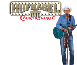 Ein Mann in Jeans und Cowboyhut spielt eine blaue Gitarre. Oben links steht "Hufnagel Countrymusic".